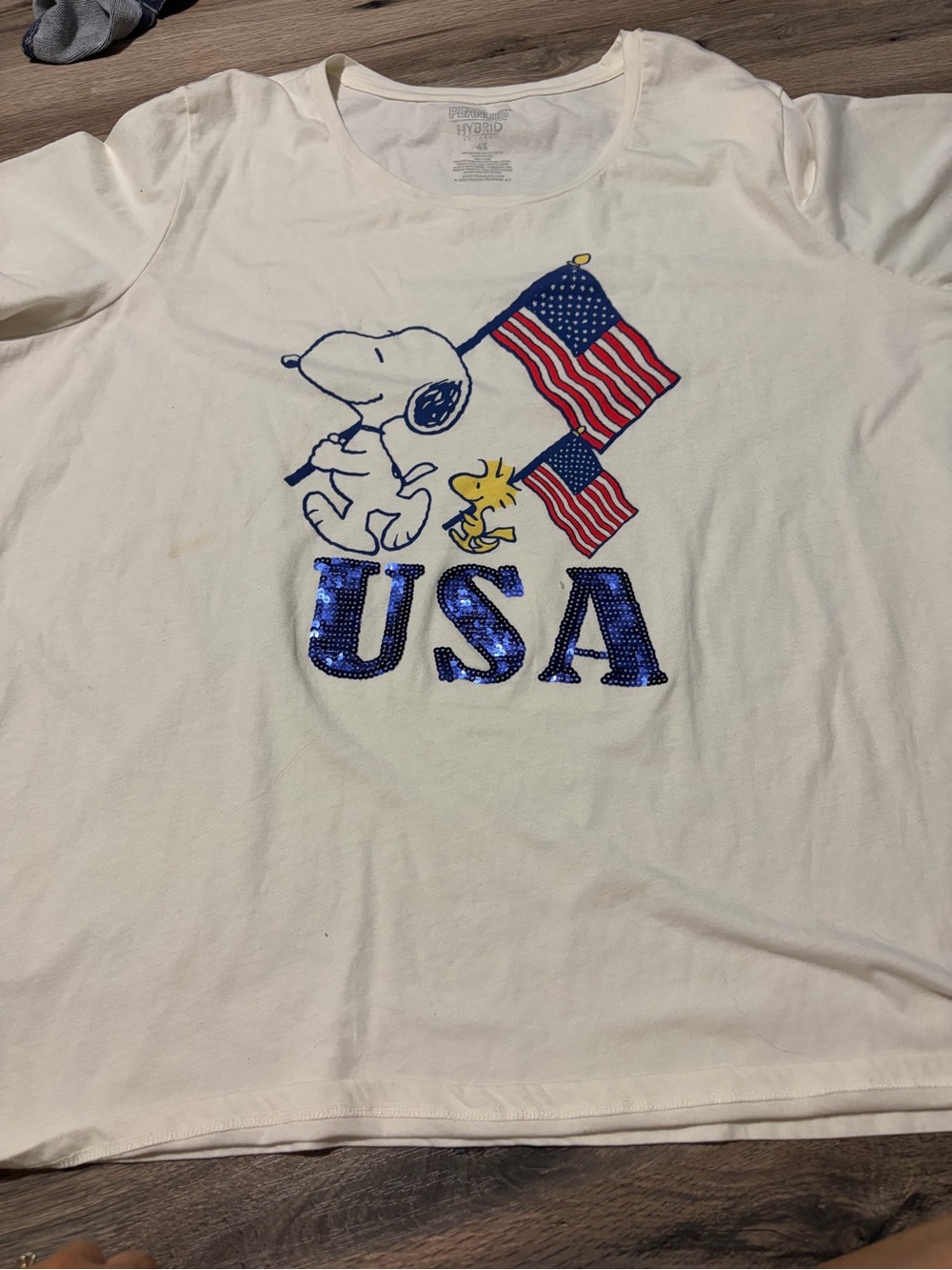 Peanuts White Graphic Tee with Blue Sequin USA & Red Flags